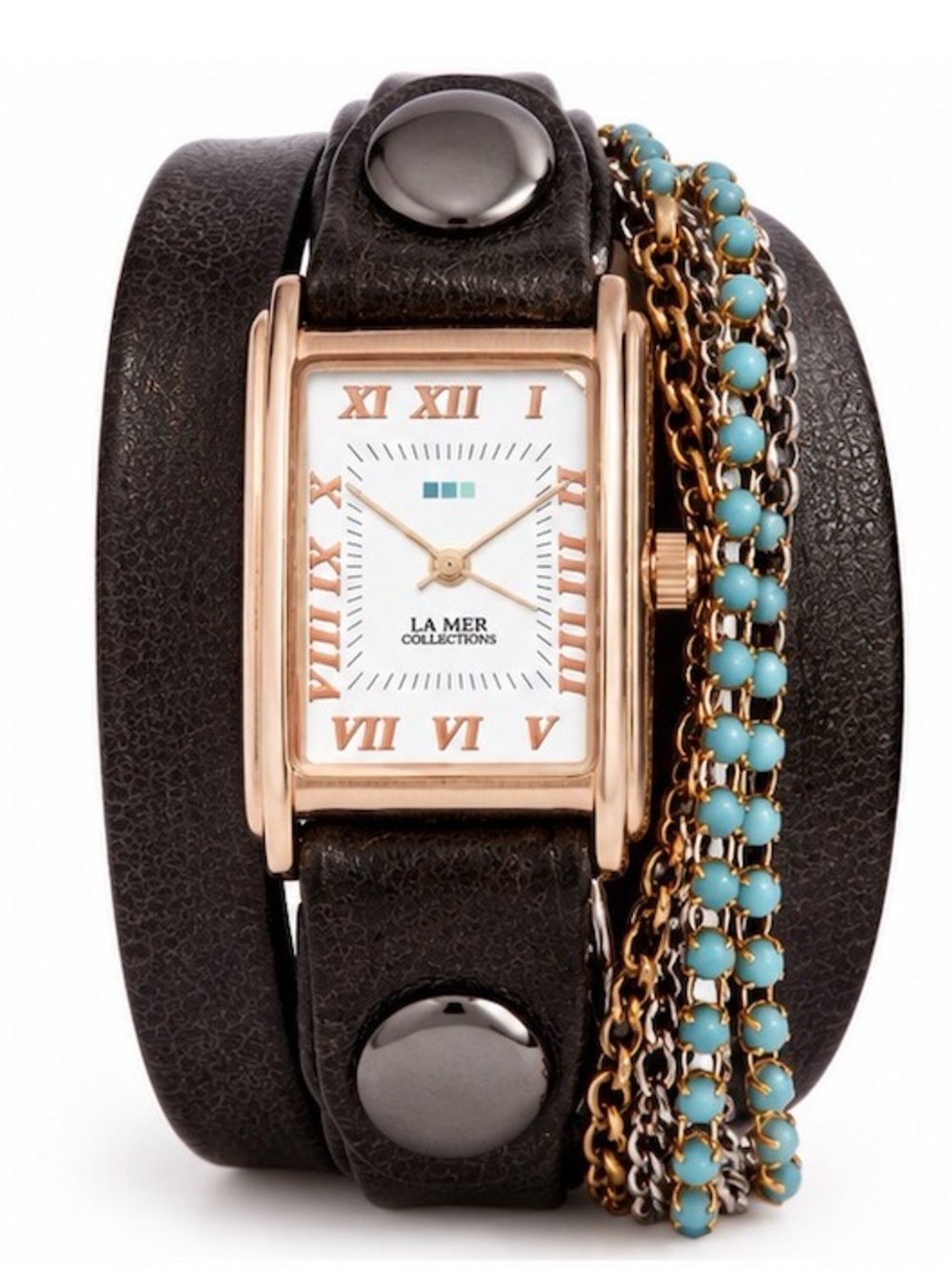 La Mer Collections Brown Leather Wrap Watch with Turquoise Beaded Chain